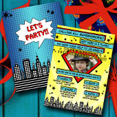 Superheld Comic Photo Any Age Birthday Invitations Kaart