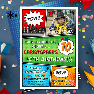 Superheld Comic Photo Any Age Birthday Invitations Kaart