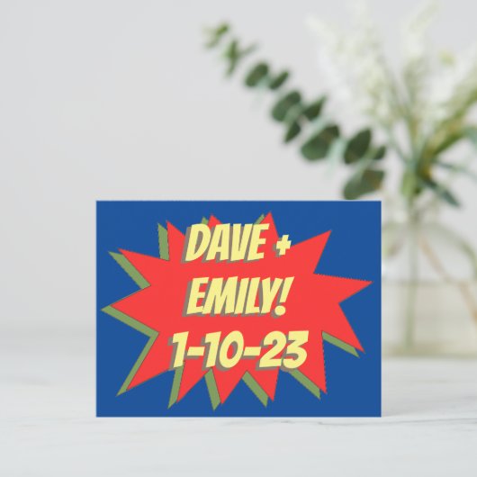 Superheld Comic Save The Date Magnet Briefkaart (Staand voorkant)