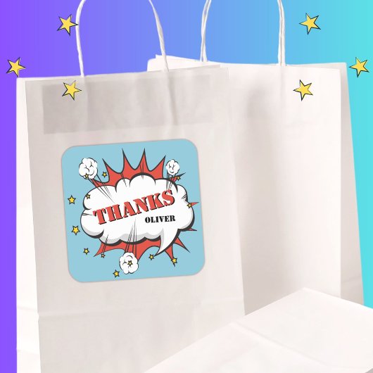 Superheld Comic Speech Bubble Birthday Bedankt Vierkante Sticker