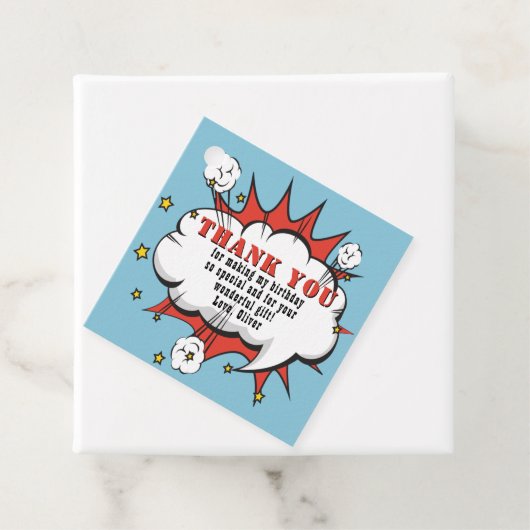 Superheld Comic Speech Bubble Birthday Hartelijk d Bedankjes Labels (In situ)