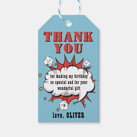 Superheld Comic Speech Bubble Birthday Hartelijk d Cadeaulabel (Voorkant)