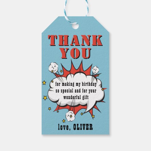 Superheld Comic Speech Bubble Birthday Hartelijk d Cadeaulabel (Achterkant)