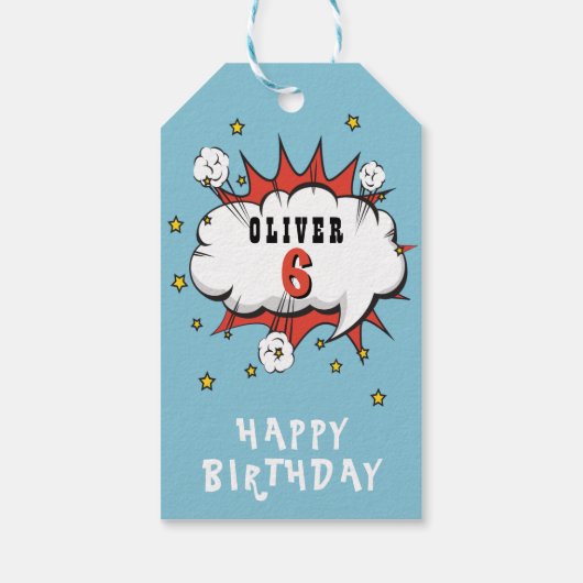 Superheld Comic Speech Bubble Boy Birthday Cadeaulabel (Achterkant)
