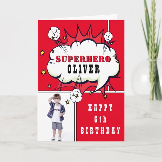 Superheld Comic Speech Bubble Boy Birthday Foto Kaart (Voorkant)