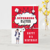 Superheld Comic Speech Bubble Boy Birthday Foto Kaart (Gele Bloem)