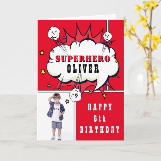 Superheld Comic Speech Bubble Boy Birthday Foto Kaart (Gele Bloem)