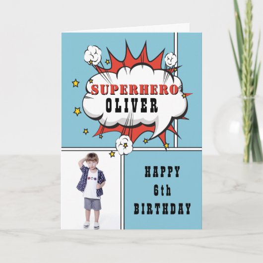 Superheld Comic Speech Bubble Boy Birthday Foto Kaart (Voorkant)