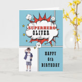 Superheld Comic Speech Bubble Boy Birthday Foto Kaart (Gele Bloem)