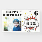 Superheld Comic Speech Bubble Boy Birthday Foto Spandoek (Horizontaal)
