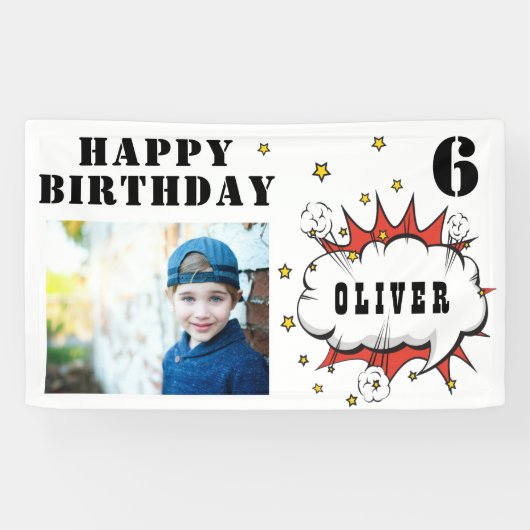 Superheld Comic Speech Bubble Boy Birthday Foto Spandoek (Horizontaal)