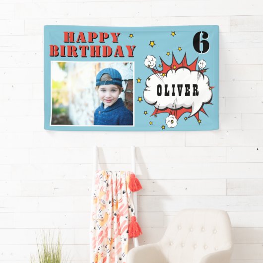 Superheld Comic Speech Bubble Boy Birthday Foto Spandoek (Insitu)