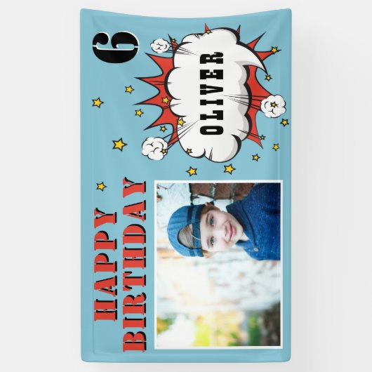 Superheld Comic Speech Bubble Boy Birthday Foto Spandoek (Verticaal)