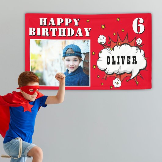 Superheld Comic Speech Bubble Boy Birthday Foto Spandoek