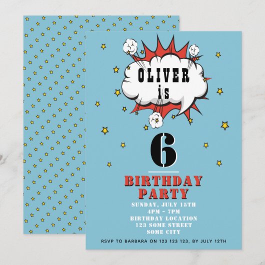 Superheld Comic Speech Bubble Boy Birthday Party Kaart (Voorkant / Achterkant)