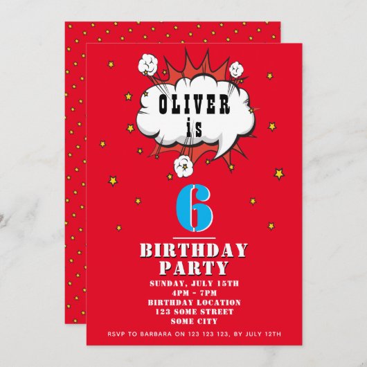 Superheld Comic Speech Bubble Boy Birthday Party Kaart (Voorkant / Achterkant)