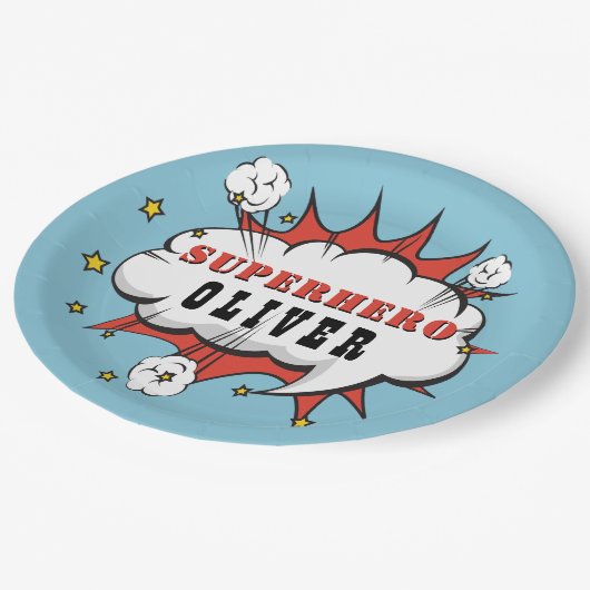 Superheld Comic Speech Bubble Boy Birthday Party Papieren Bordje (Gekanteld)