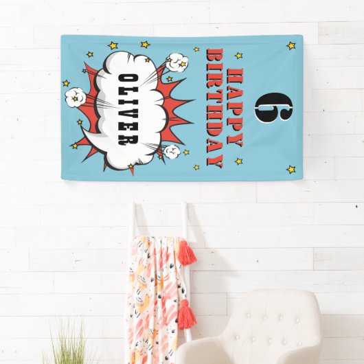 Superheld Comic Speech Bubble Boy Birthday Party Spandoek (Insitu)