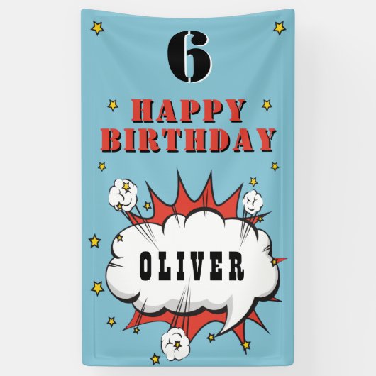 Superheld Comic Speech Bubble Boy Birthday Party Spandoek (Verticaal)