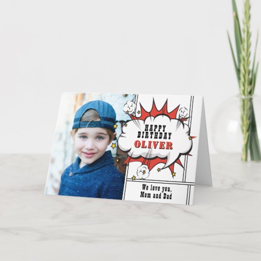 Superheld Comic Speech Bubble Boy Fotodag Kaart (Voorkant)