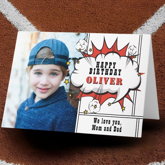 Superheld Comic Speech Bubble Boy Fotodag Kaart