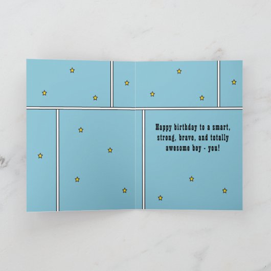 Superheld Comic Speech Bubble Boy Happy Birthday Kaart (Binnen)