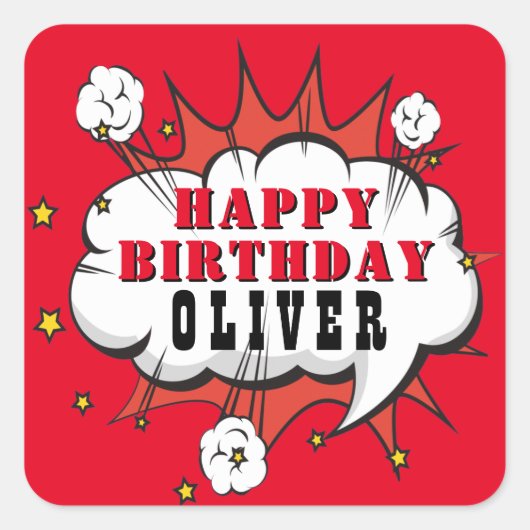 Superheld Comic Speech Bubble Boy Happy Birthday Vierkante Sticker (Voorkant)