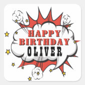 Superheld Comic Speech Bubble Boy Happy Birthday Vierkante Sticker (Voorkant)