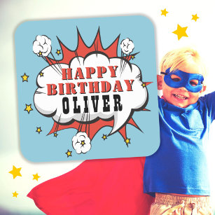 Superheld Comic Speech Bubble Boy Happy Birthday Vierkante Sticker