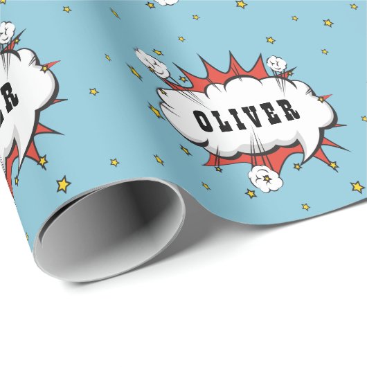 Superheld Comic Speech Bubble Boy Naam Cadeaupapier (Rol Hoek)