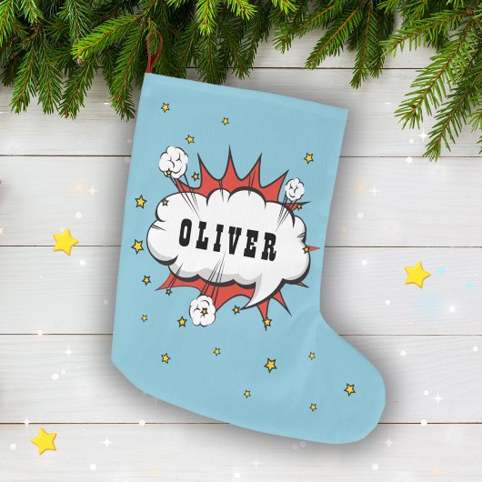 Superheld Comic Speech Bubble Boy Naam Grote Kerstsok