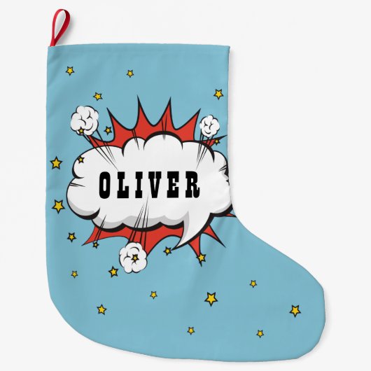 Superheld Comic Speech Bubble Boy Naam Grote Kerstsok (Voorkant)