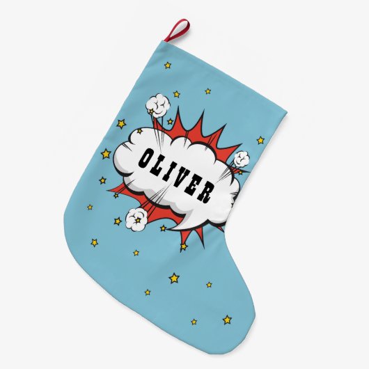 Superheld Comic Speech Bubble Boy Naam Grote Kerstsok (Voorkant (Hangend))