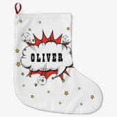 Superheld Comic Speech Bubble Boy Name Large Chris Grote Kerstsok (Voorkant)