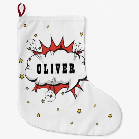 Superheld Comic Speech Bubble Boy Name Large Chris Grote Kerstsok (Voorkant)