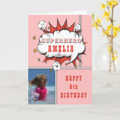 Superheld Comic Speech Bubble Girl Birthday Foto Kaart (Gele Bloem)