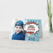 Superheld Comic Speech Bubble Jongen Foto Verjaard Kaart (Voorkant)