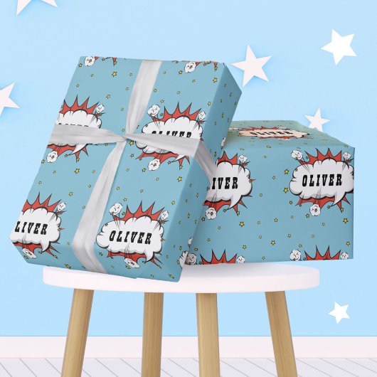 Superheld Comic Speech Bubble Jongensnaam Cadeaupapier