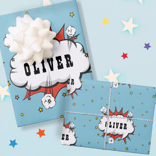 Superheld Comic Speech Bubble Jongensnaam  Inpakpapier Vel