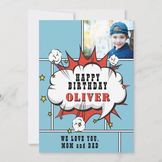 Superheld Comic Speech Bubble Photo Birthday Card (Voorkant)