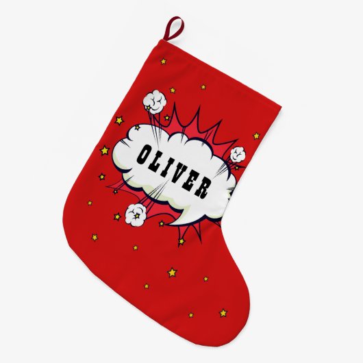 Superheld Comic Speech Bubble Red Boy Naam Grote Kerstsok (Voorkant (Hangend))