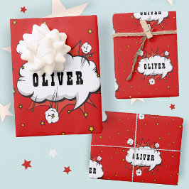 Superheld Comic Speech Bubble Red Boy Naam Inpakpapier Vel