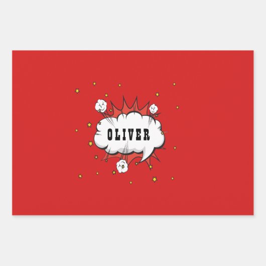 Superheld Comic Speech Bubble Red Boy Naam Inpakpapier Vel (Voorkant)