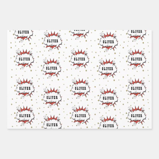 Superheld Comic Speech Bubble Red Boy Naam Inpakpapier Vel (Voorkant 3)