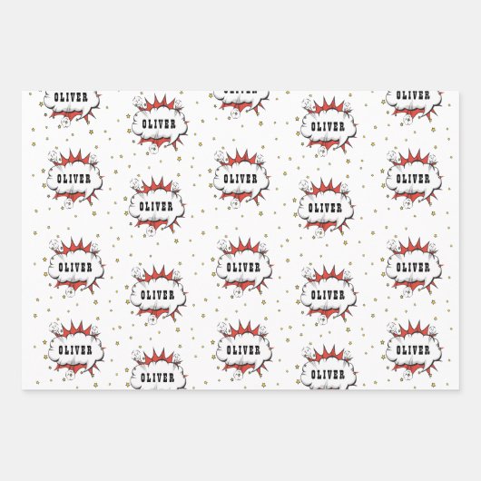 Superheld Comic Speech Bubble Red Boy Naam Inpakpapier Vel (Voorkant 2)