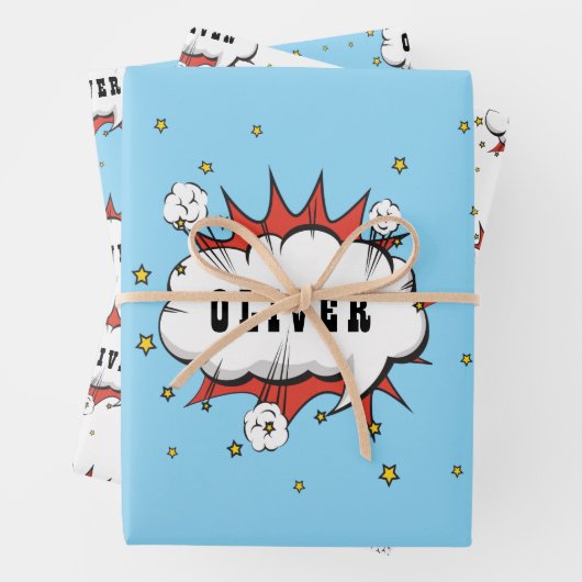 Superheld Comic Speech Bubble Red Boy Naam Inpakpapier Vel (In situ)