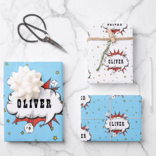 Superheld Comic Speech Bubble Red Boy Naam Inpakpapier Vel