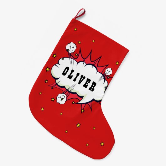 Superheld Comic Speech Cloud Boy Naam Grote Kerstsok (Voorkant (Hangend))