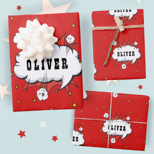 Superheld Comic Spreekballon Rode Jongen Naam Inpakpapier Vel