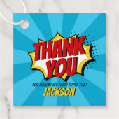 Superheld Comic Style Boy Birthday Blue Bedankjes Labels (Voorkant)